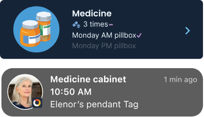 App cards showing medicine cabinet activity and a daily pillbox schedule