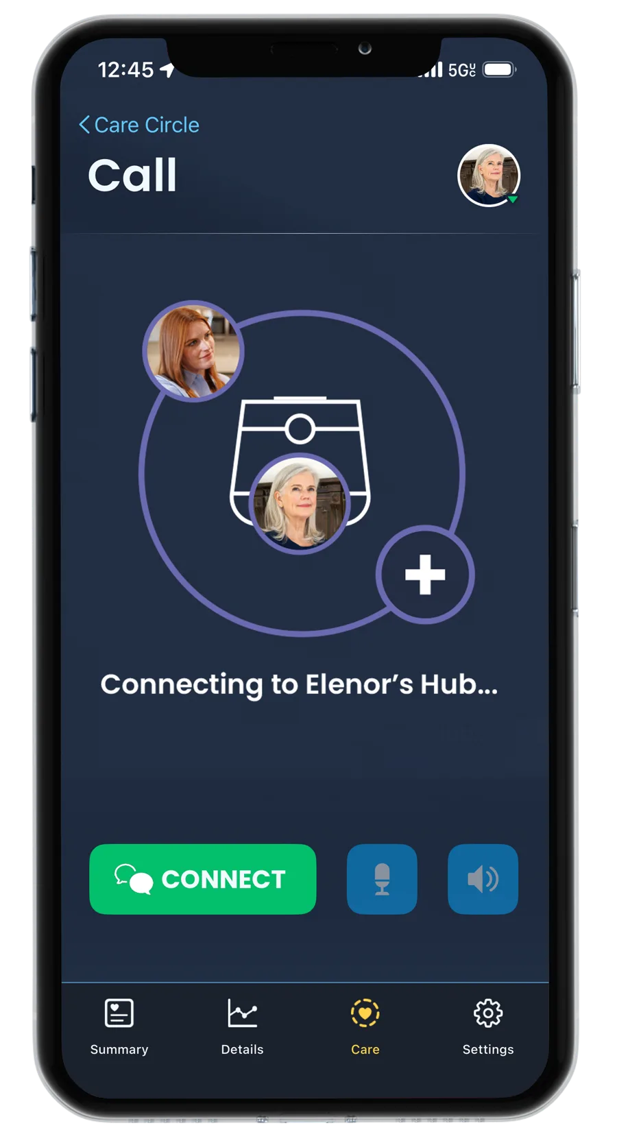 Phone showing the Nomo app’s Care Circle call screen connecting to Elenor’s Hub, with connect, microphone and speaker buttons