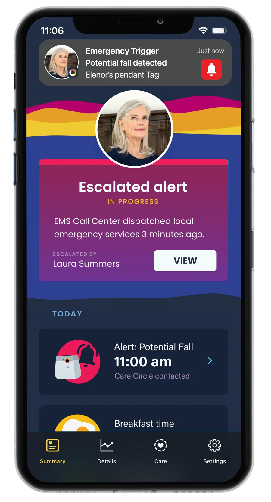 Phone showing the Nomo app: an emergency trigger reading potential fall detected from Elenor’s pendant Tag, an escalated alert in progress with the EMS call center dispatching local emergency services 3 minutes ago, and today’s potential fall alert at 11:00 am with the Care Circle contacted