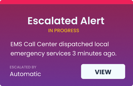 Nomo app card: Escalated Alert in progress. EMS Call Center dispatched local emergency services 3 minutes ago. Escalated automatically