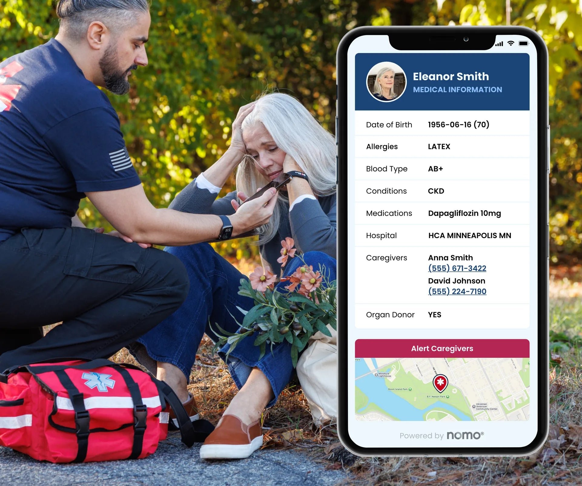 An EMT kneels beside an older woman sitting on the ground and scans her bracelet; a phone shows her medical profile and an Alert Caregivers map