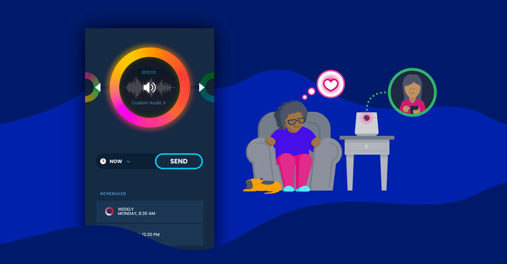 To the left, nomo app screenshot showing audio message with custom color ring emote. To the right, elderly woman sitting on couch receiving friendly emote from caregiver.  
