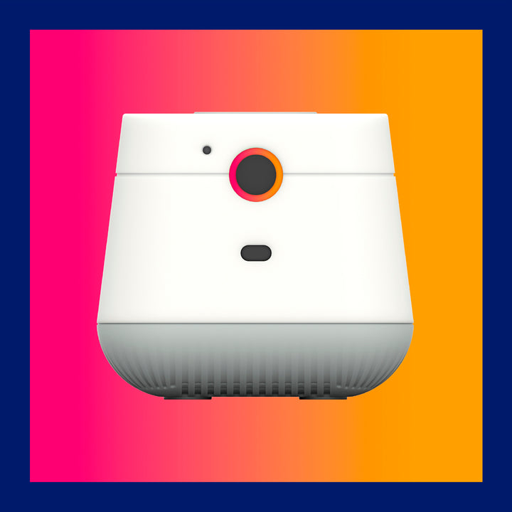 Square image of front facing nomo hub with pink and orange gradient background 