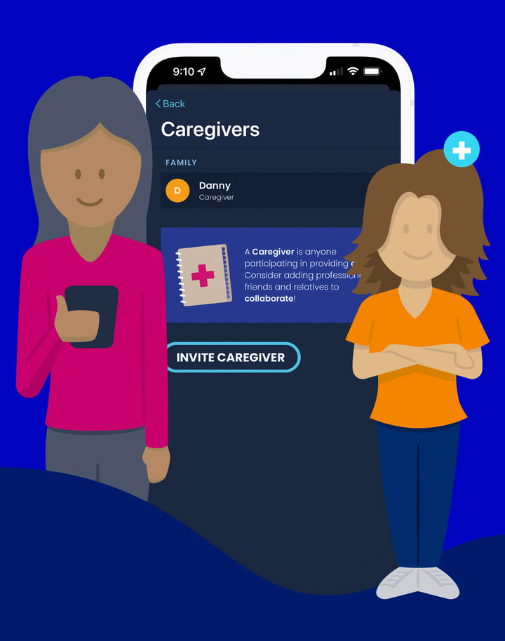 Phone screen displaying the list of caregivers and an illustration of the primary caregiver and a potential caregiver next to it. 