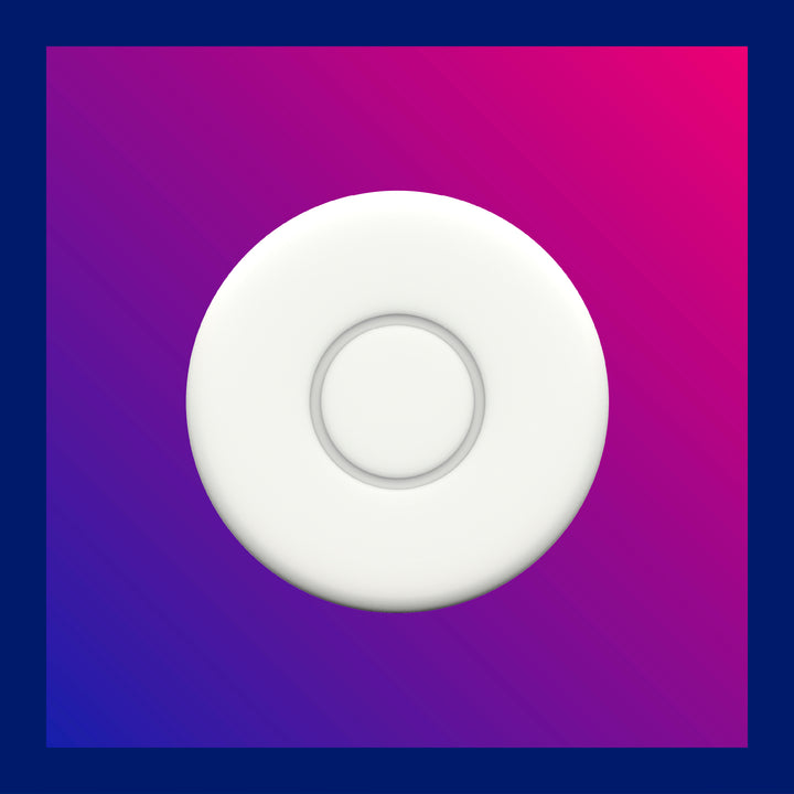 Square image of nomo tag with a blue to pink gradient behind it 