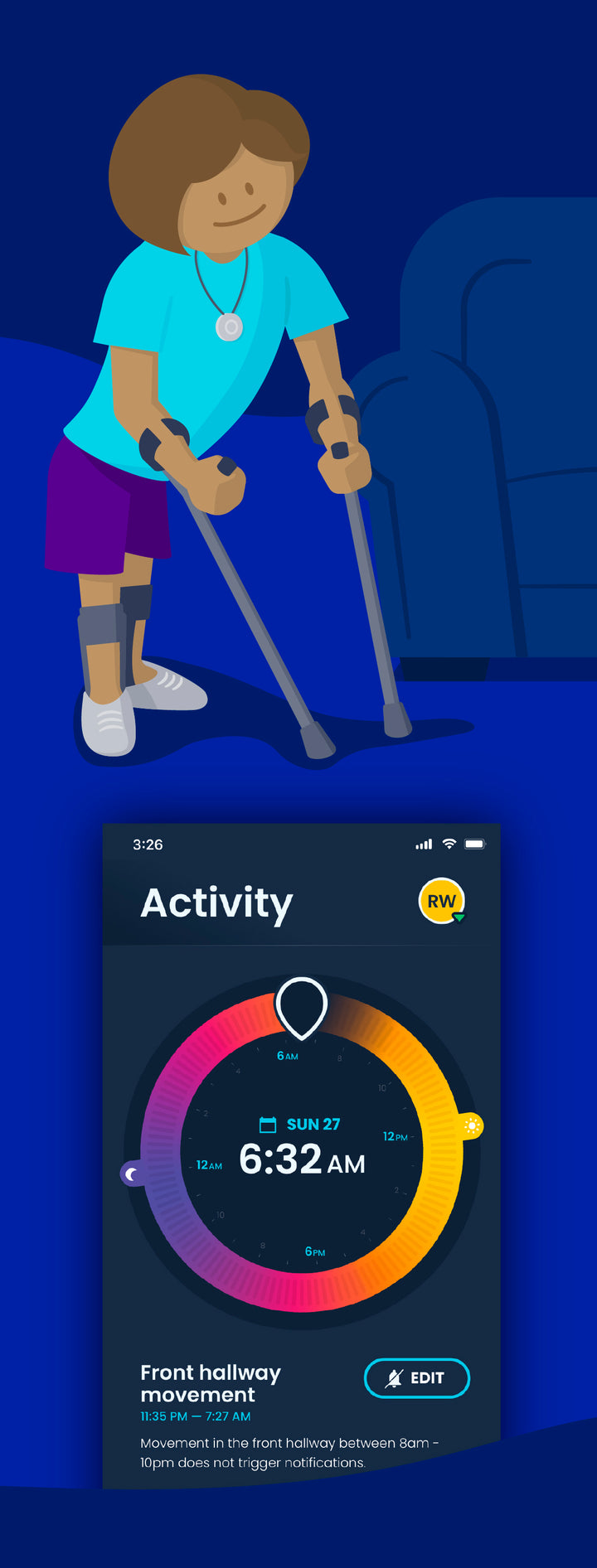 A woman with crutches is smiling wearing a nomo tag on a lanyard. Below her, a screenshot of the nomo app has the time dial with “6:23am” and a status update underneath that reads “Front hallway movement – 11:35pm – 7:25pm.”