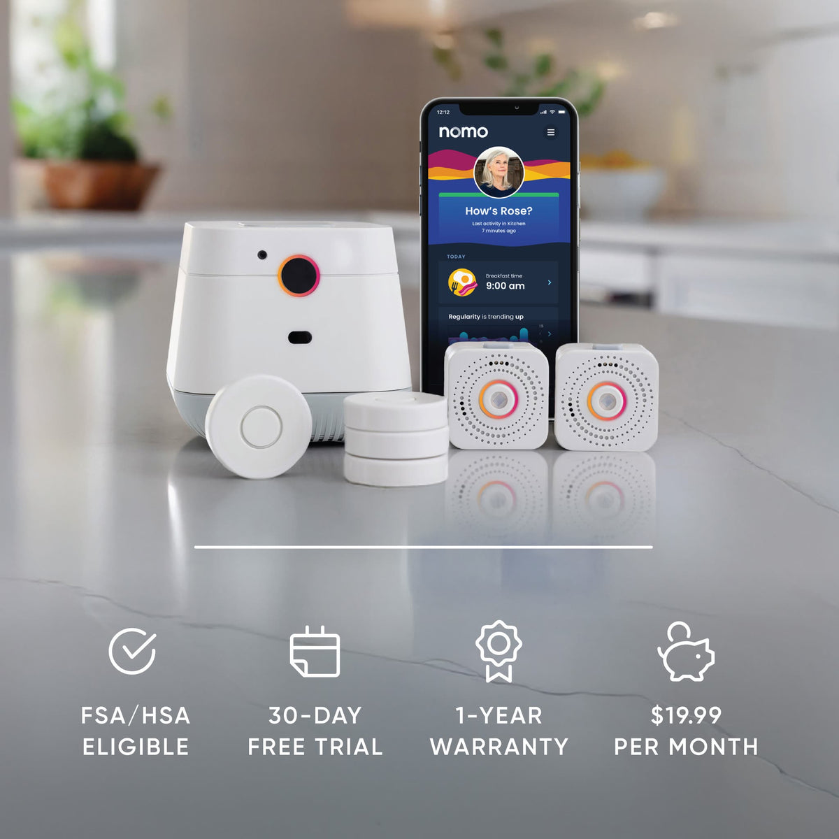 Hub, Satellites and Tags with app: FSA/HSA eligible, 30-day free trial, one-year warranty and $19.99 per month.