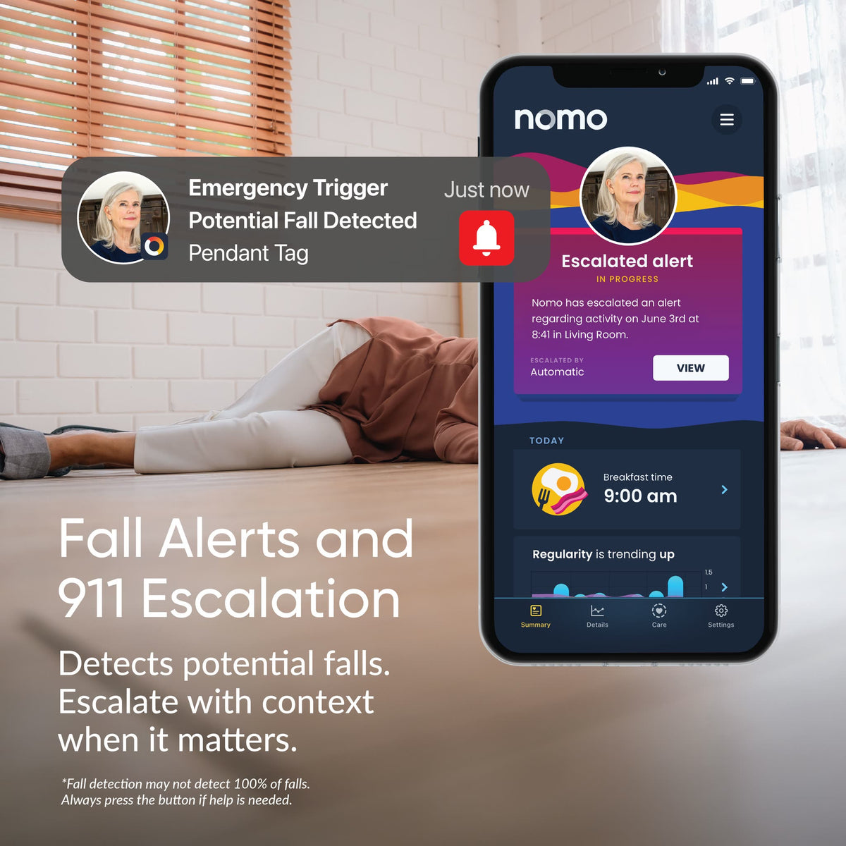 Woman on the floor with a Pendant Tag potential-fall alert and app escalation; fall alerts and 911 escalation.