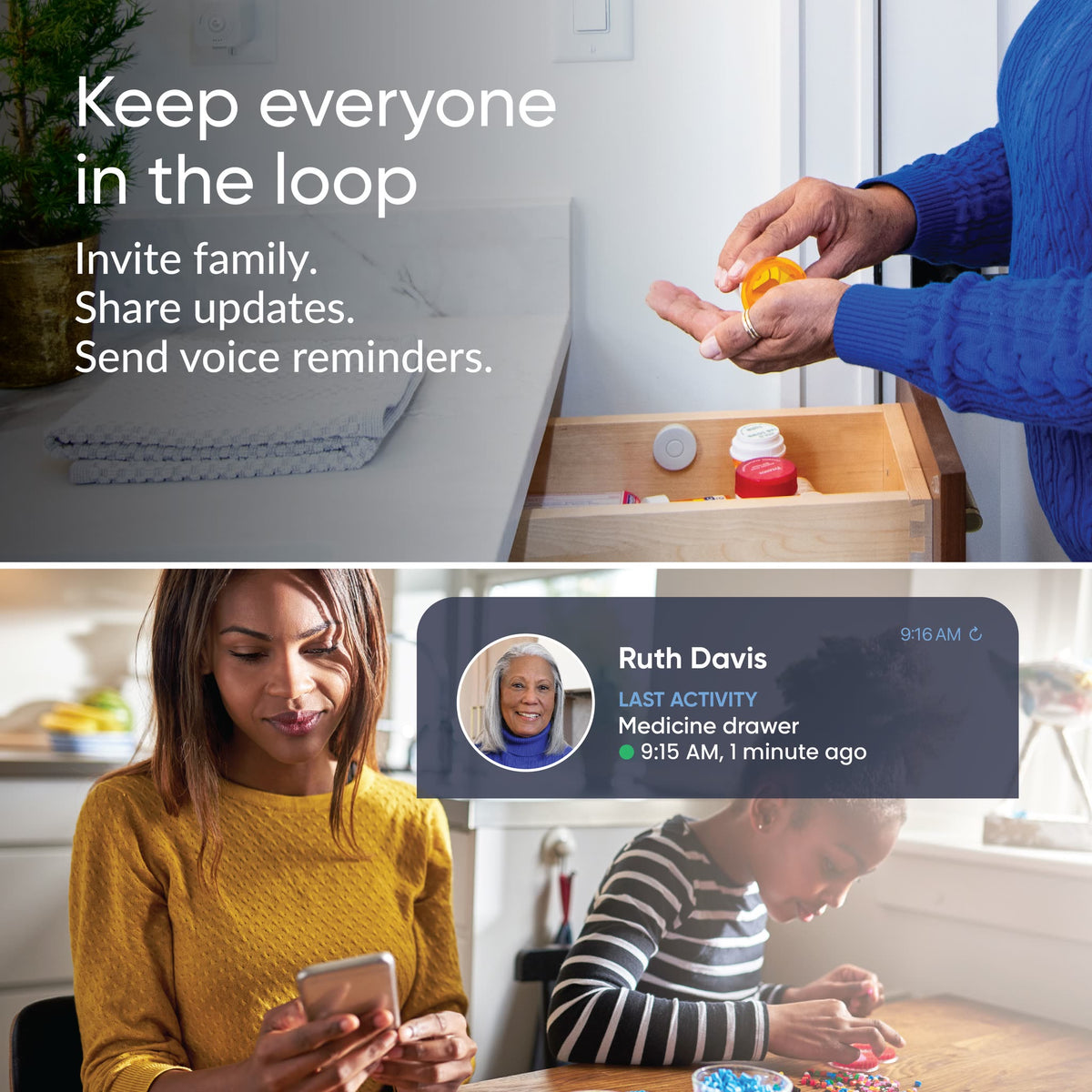 Family checks medicine activity in the app: invite family, share updates and send voice reminders.