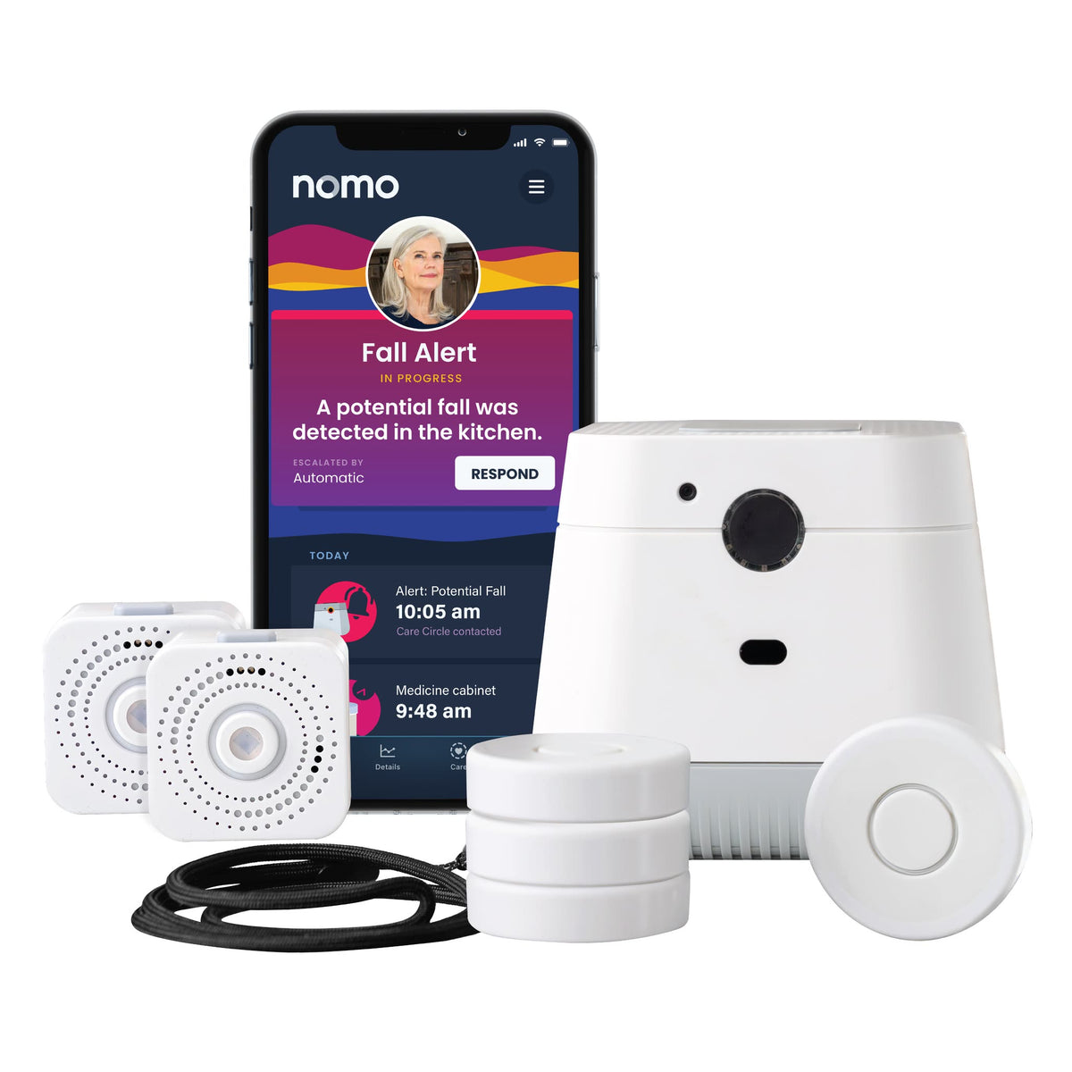 Hub, two Satellites, four Tags and a lanyard beside a phone showing a potential fall detected in the kitchen.