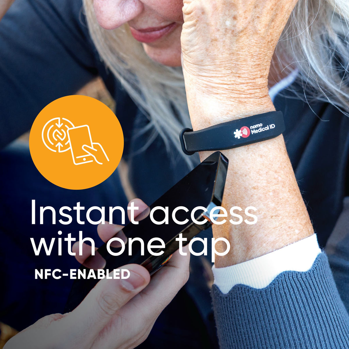Phone taps a worn Nomo Medical ID bracelet: instant access with one tap, NFC-enabled.