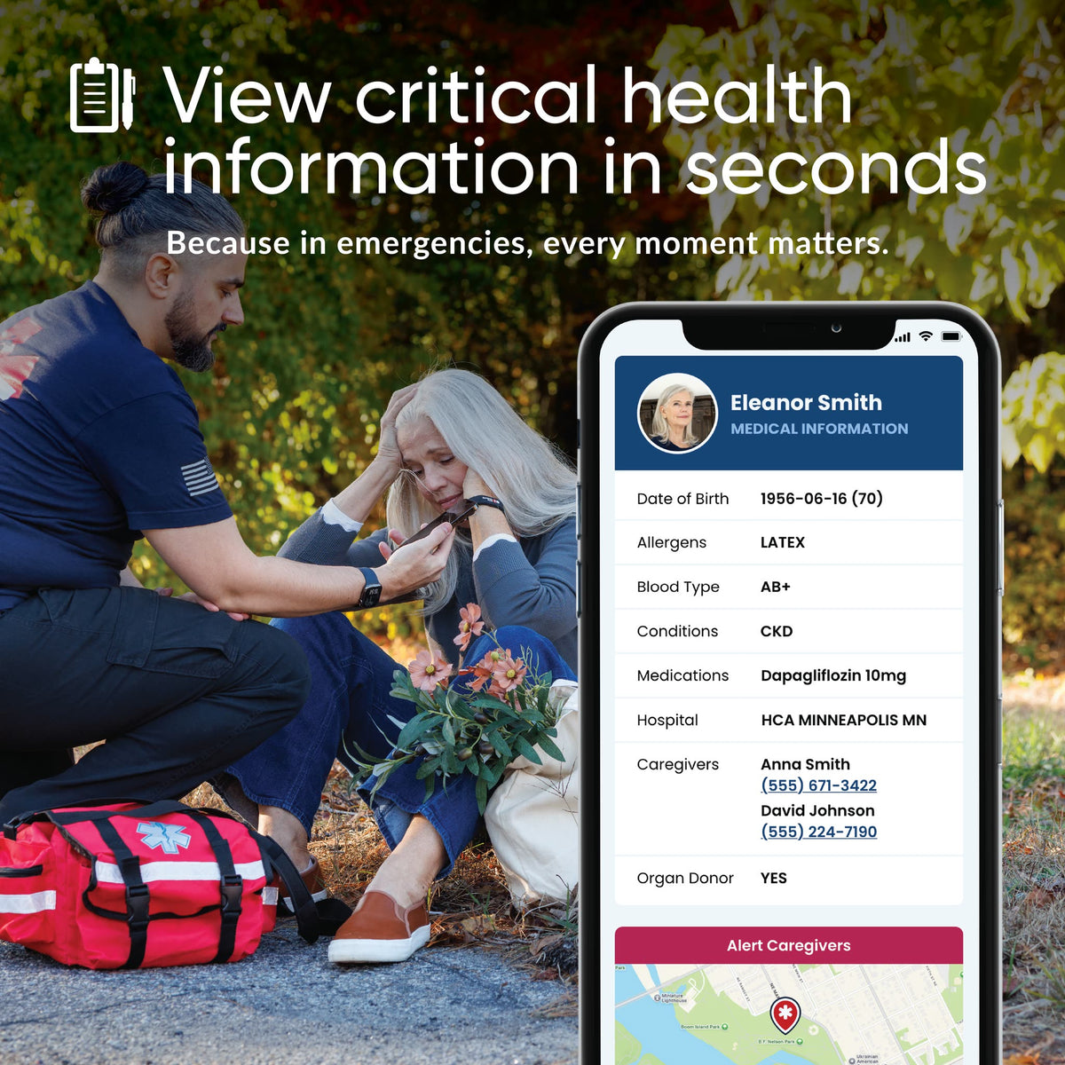 Responder helps a woman while a phone shows her medical profile: view critical health information in seconds.