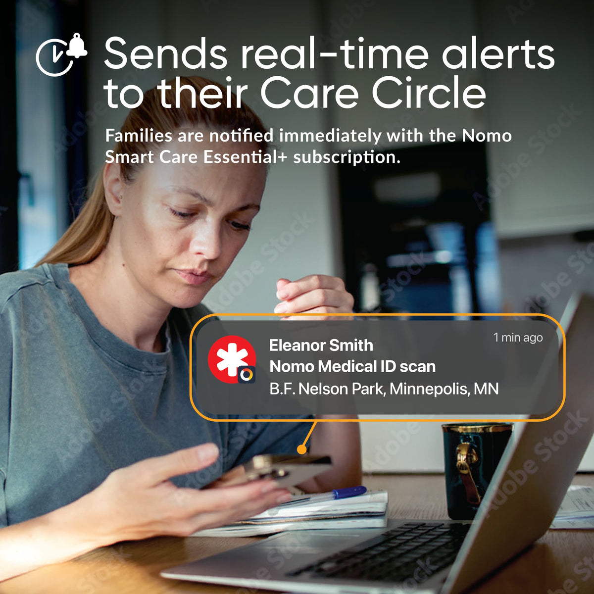 Woman receives a bracelet-scan alert; Care Circle notifications require a Nomo Smart Care Essential+ subscription.