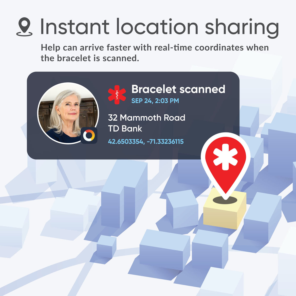 Map with bracelet-scan alert: scanning shares real-time location coordinates to help assistance arrive faster.