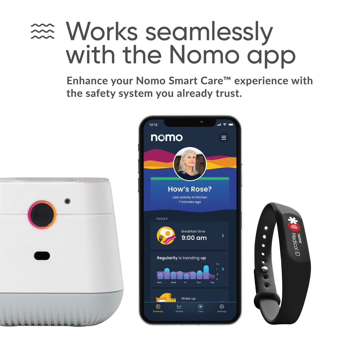 Medical ID bracelet beside Hub and phone: works with the Nomo app and Nomo Smart Care system.
