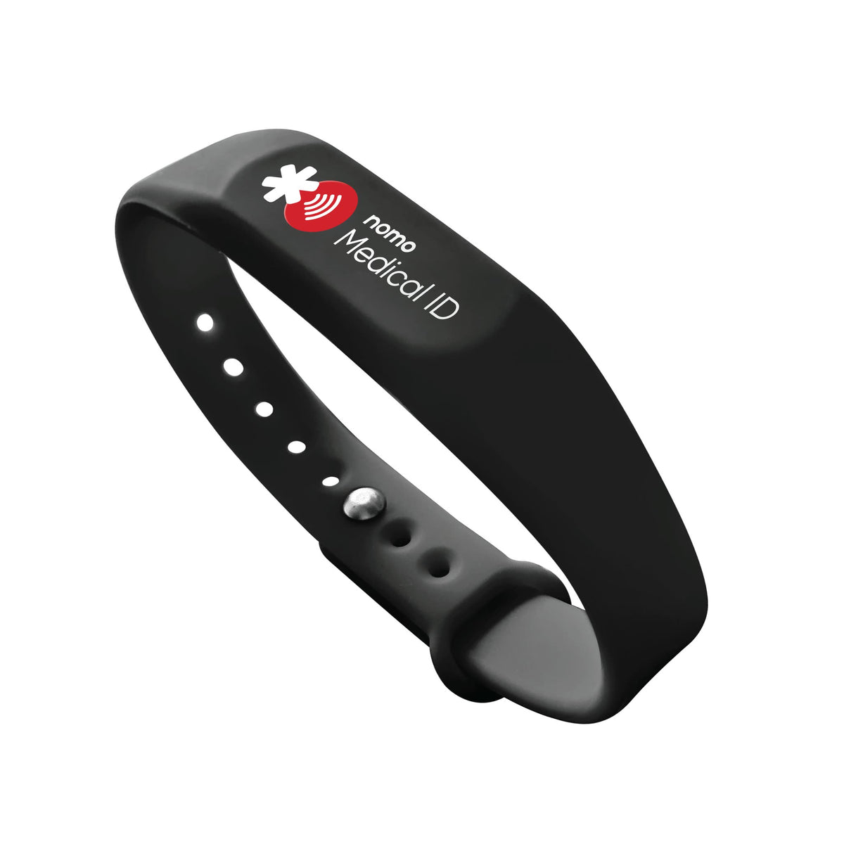 Black Nomo Medical ID bracelet with medical symbol, adjustable strap and metal fastening stud.