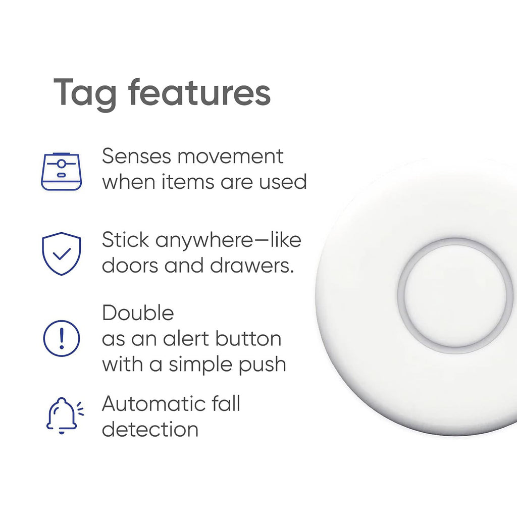 Tag senses item movement, sticks to doors or drawers, doubles as a push-button alert and detects falls automatically.