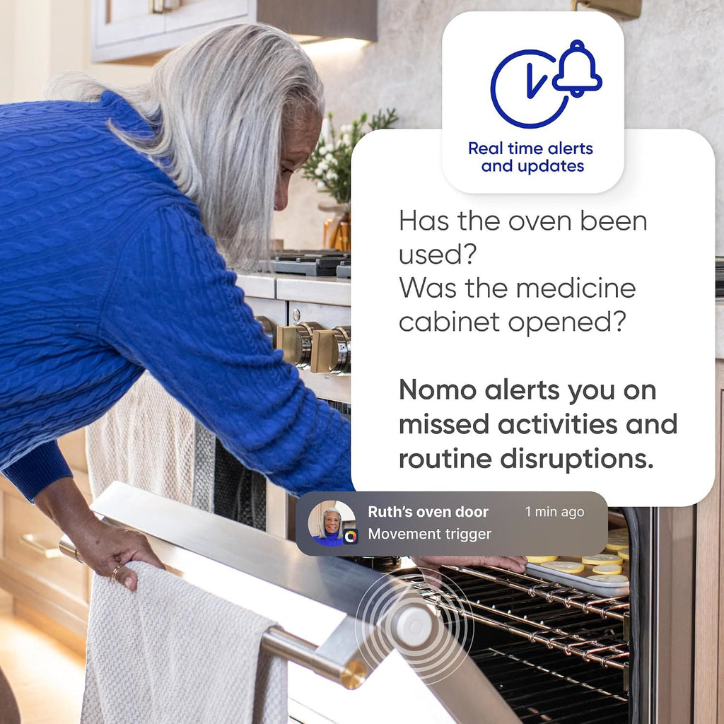 Woman opens an oven; Nomo sends real-time alerts for missed activities and routine disruptions.
