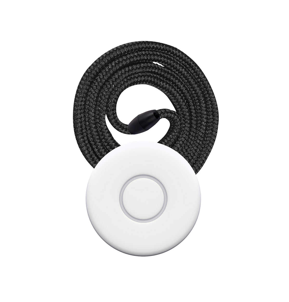 Tag clipped to a black braided lanyard to wear as a pendant