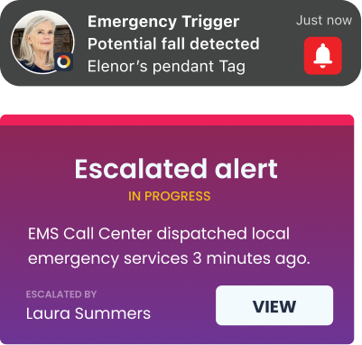 App alerts: an emergency trigger from Elenor's pendant Tag reading potential fall detected, and an escalated alert showing EMS dispatched local emergency services 3 minutes ago