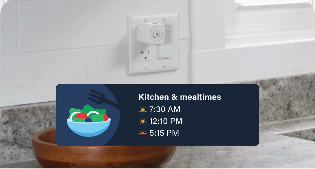 A Satellite in a kitchen outlet, with an app card showing kitchen and mealtimes at 7:30 AM, 12:10 PM and 5:15 PM