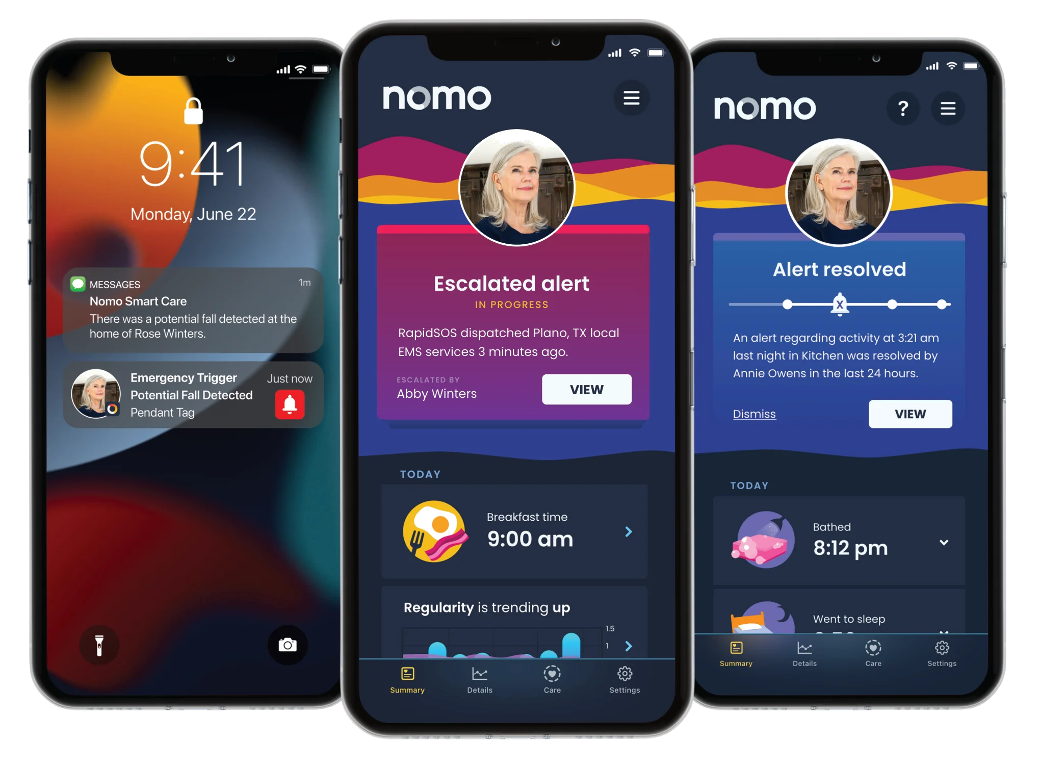 Three phone screens: a Potential Fall Detected alert from a pendant Tag, an escalated alert where RapidSOS dispatched local EMS, and the alert resolved