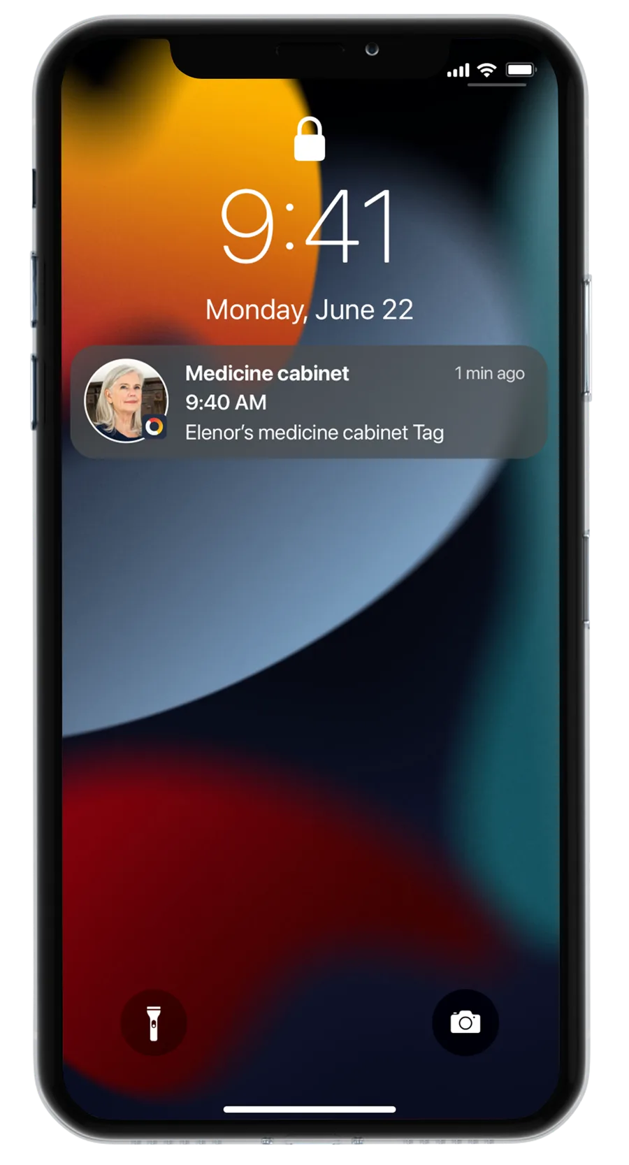 Phone lock screen at 9:41 on Monday, June 22 with a Nomo notification: medicine cabinet opened at 9:40 AM, from Elenor’s medicine cabinet Tag