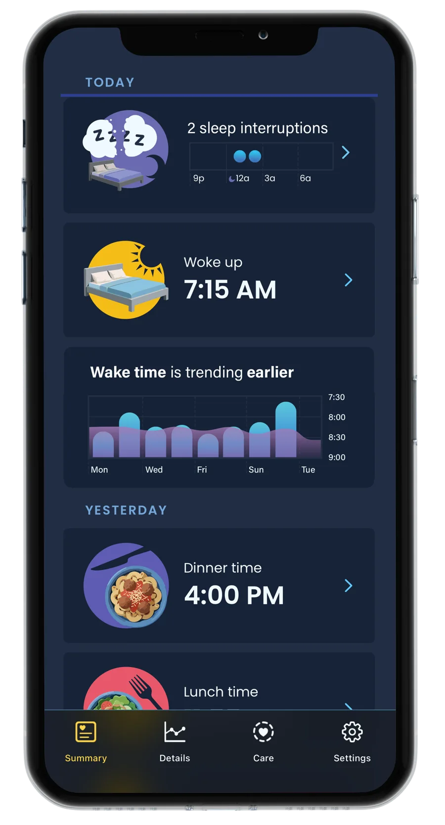 Phone showing the Nomo app’s Today list: 2 sleep interruptions, woke up at 7:15 AM, a chart of wake time trending earlier, and yesterday’s dinner time at 4:00 PM