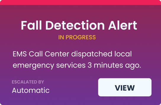 Nomo app card: a fall detection alert, escalated automatically and in progress. EMS Call Center dispatched local emergency services 3 minutes ago