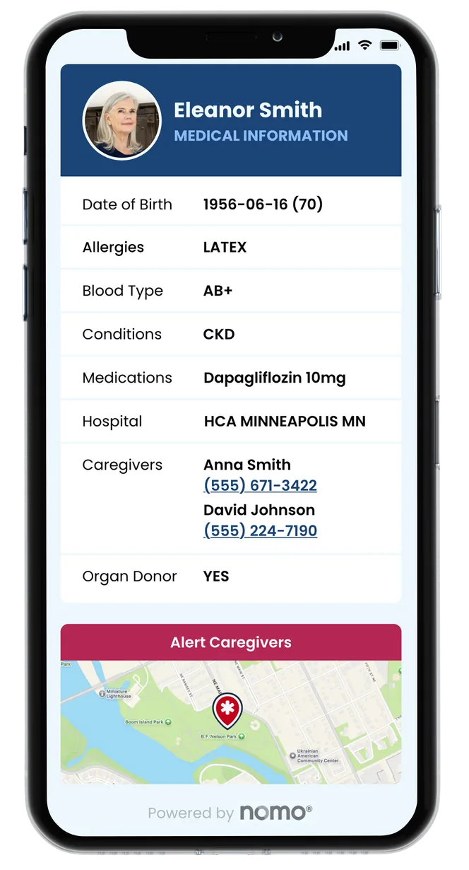 A phone showing Eleanor Smith's medical profile with allergies, blood type, conditions, medications, hospital, caregivers and organ donor status, and an Alert Caregivers map