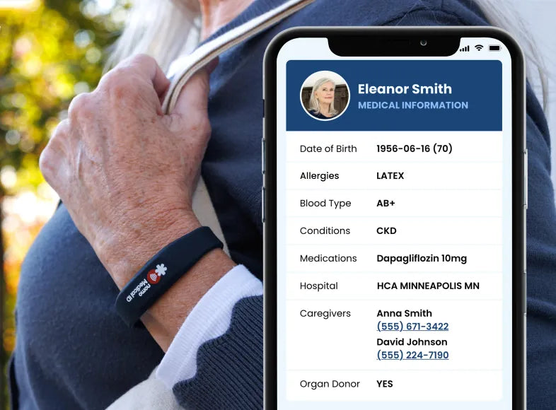 An older woman wearing the bracelet next to a phone showing Eleanor Smith's medical information: allergies, blood type, conditions, medications, hospital and caregivers